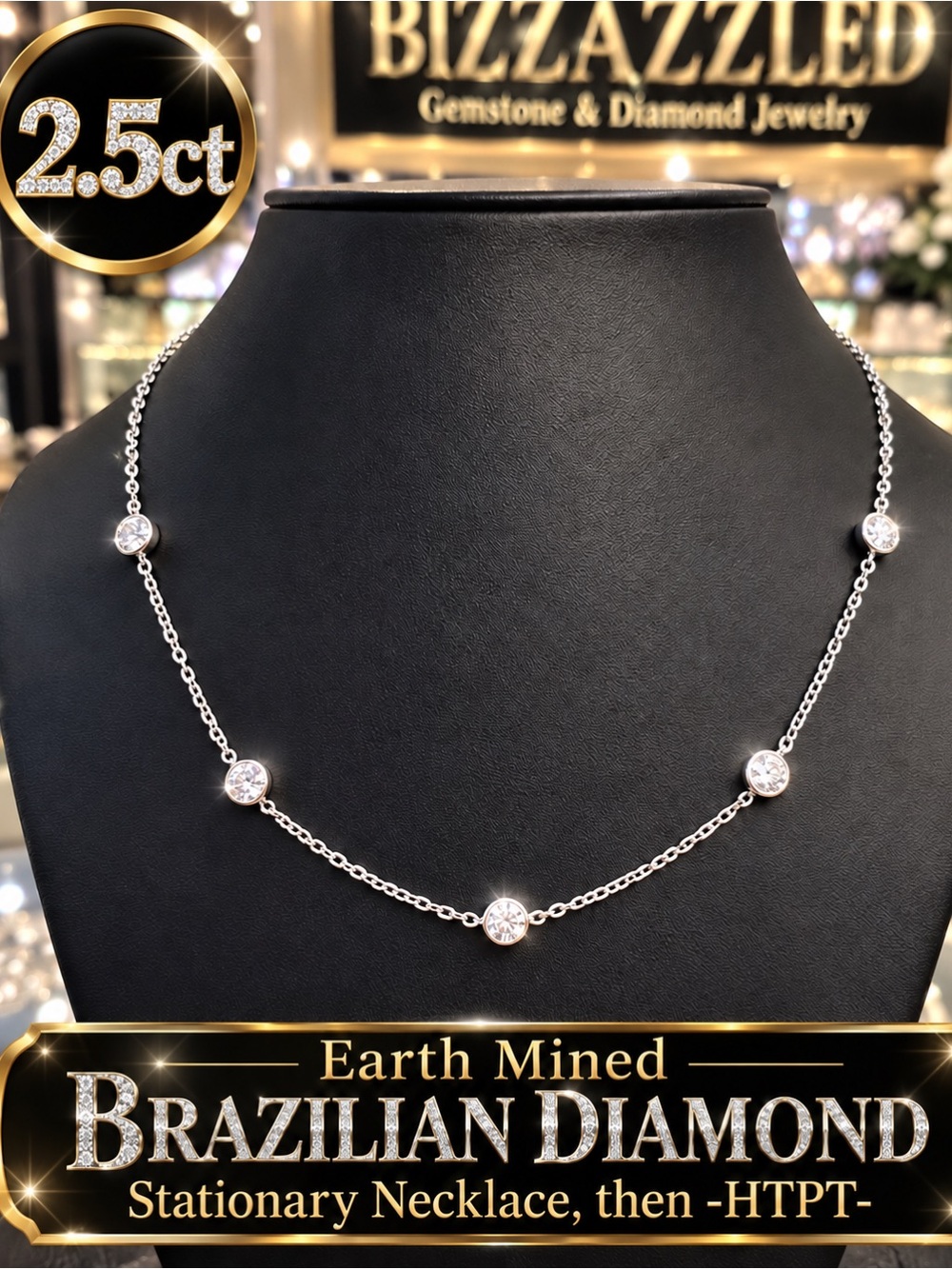 Certified Diamond Stationary Necklace. 14k white gold on Silver 2.5ct Bezel set